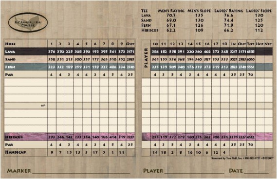 Kaanapali Kai Golf Course Scorecard